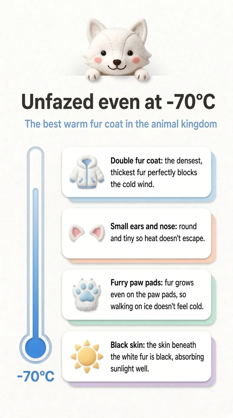 Unfazed even at -70°C — The best warm fur coat in the animal kingdom — Double fur coat / Small ears and nose / Furry paw pads / Black skin