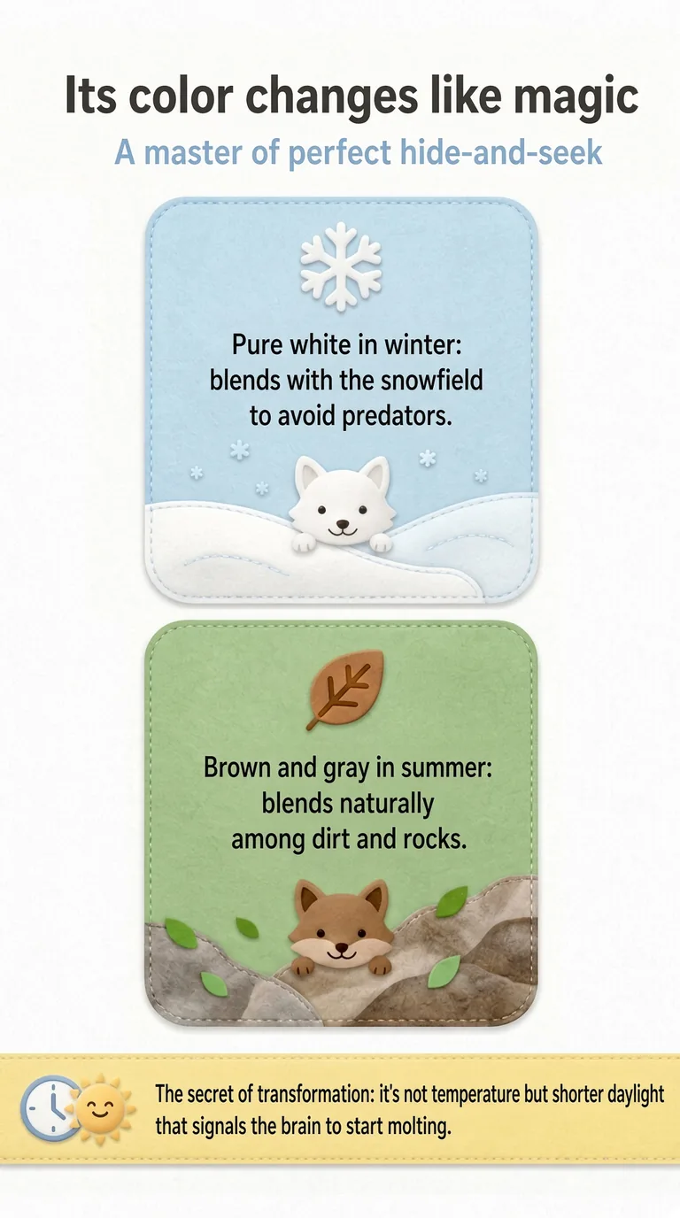 Its color changes like magic — A master of perfect hide-and-seek — Pure white in winter / Brown and gray in summer / The secret of transformation