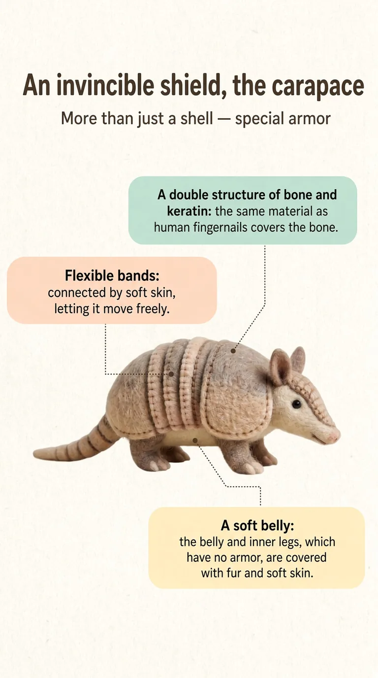 An invincible shield, the carapace — More than just a shell — special armor — A double structure of bone and keratin / Flexible bands / A soft belly