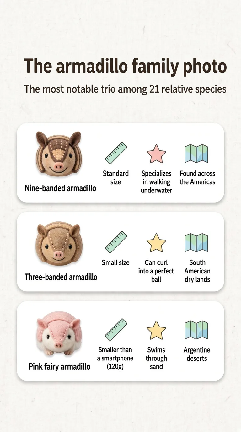 The armadillo family photo — The most notable trio among 21 relative species — Nine-banded armadillo / Three-banded armadillo / Pink fairy armadillo