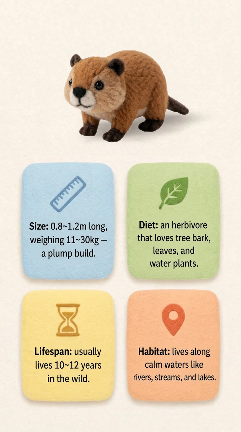 Size: 0.8–1.2m long, weighing 11–30kg — a plump build. / Lifespan: usually lives 10–12 years in the wild. / Diet: an herbivore that loves tree bark, leaves, and water plants. / Habitat: lives along calm waters like rivers, streams, and lakes.