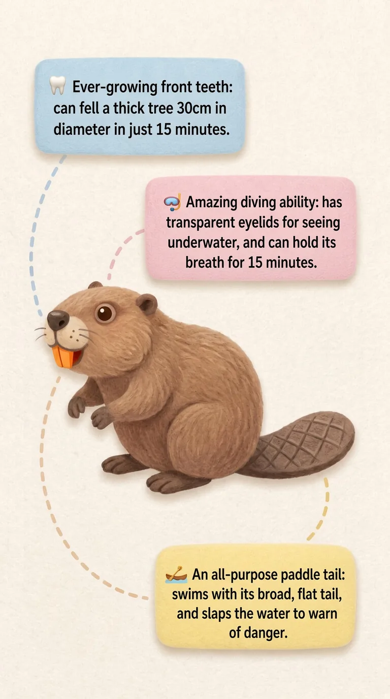 Ever-growing front teeth: can fell a thick tree 30cm in diameter in just 15 minutes. / Amazing diving ability: has transparent eyelids for seeing underwater, and can hold its breath for 15 minutes. / An all-purpose paddle tail: swims with its broa...