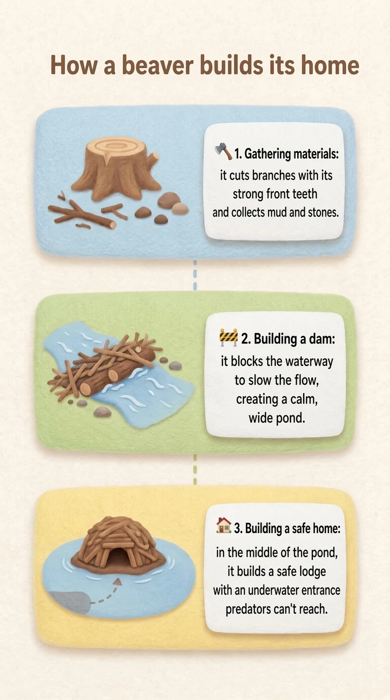 How a beaver builds its home — Gathering materials / Building a dam / Building a safe home