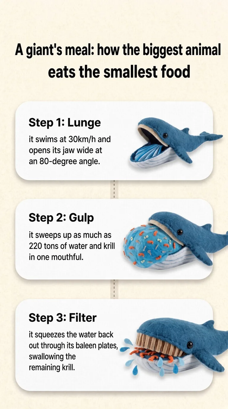 A giant's meal: how the biggest animal eats the smallest food — Step 1 / Step 2 / Step 3