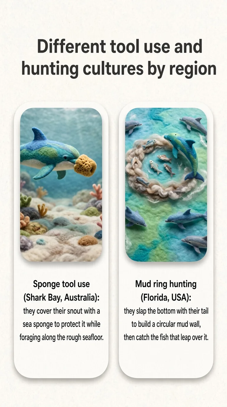 Different tool use and hunting cultures by region — Sponge tool use (Shark Bay, Australia) / Mud ring hunting (Florida, USA)