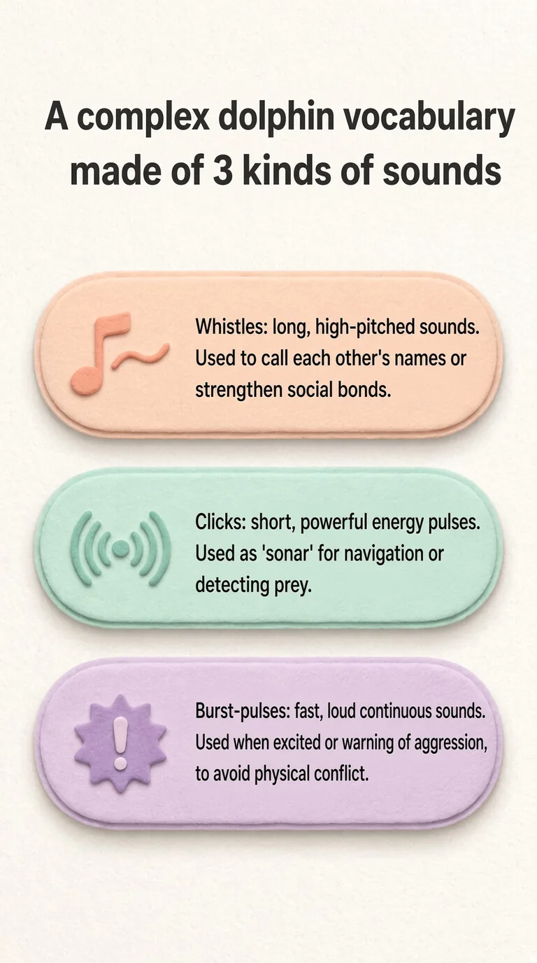 A complex dolphin vocabulary made of 3 kinds of sounds — Whistles / Clicks / Burst-pulses