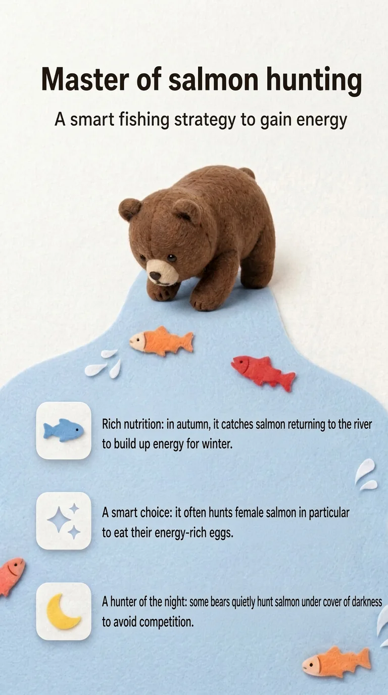 Master of salmon hunting — A smart fishing strategy to gain energy — Rich nutrition / A smart choice / A hunter of the night