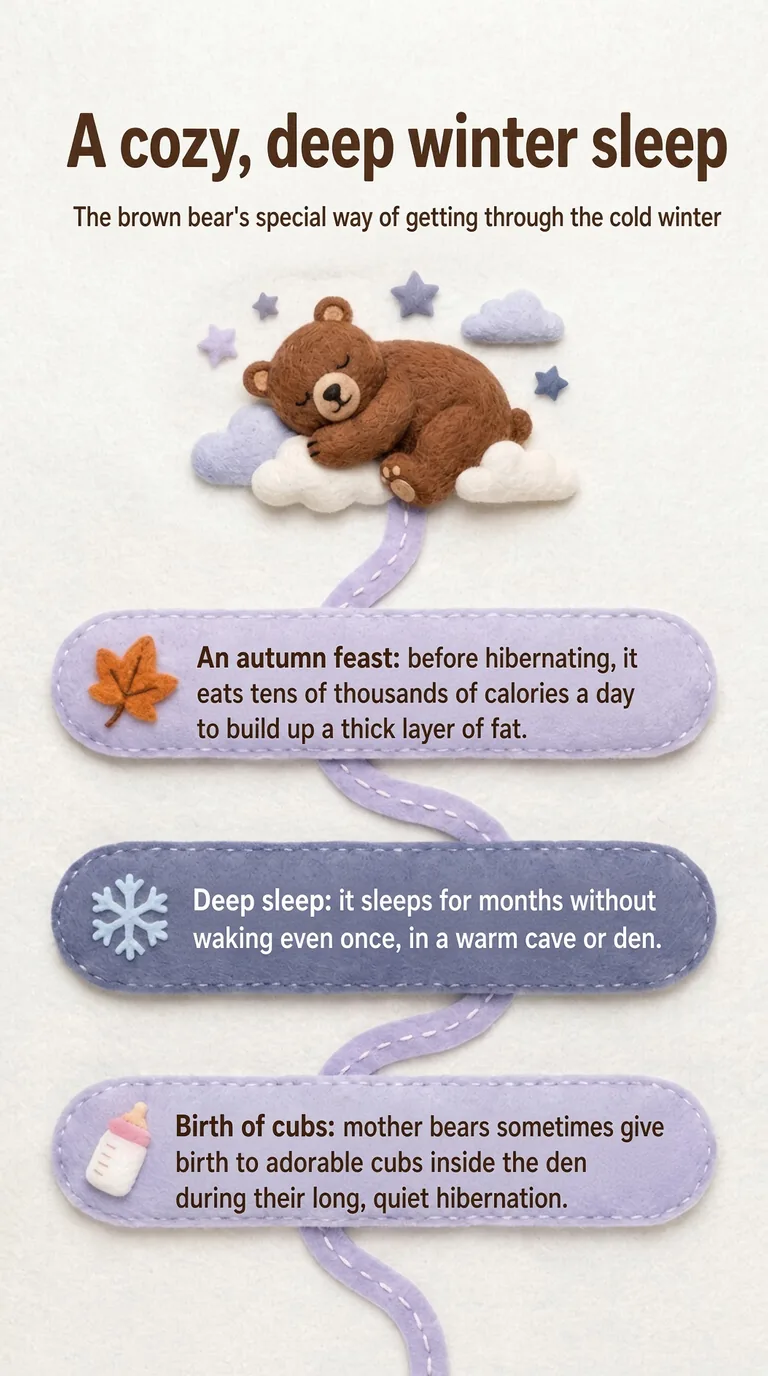 A cozy, deep winter sleep — The brown bear's special way of getting through the cold winter — An autumn feast / Deep sleep / Birth of cubs