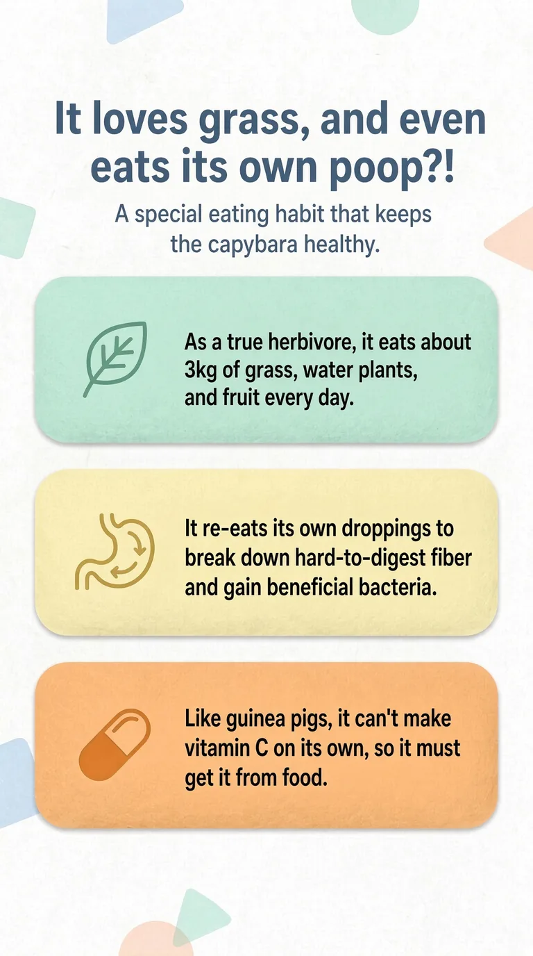 It loves grass, and even eats its own poop?! — A special eating habit that keeps the capybara healthy.