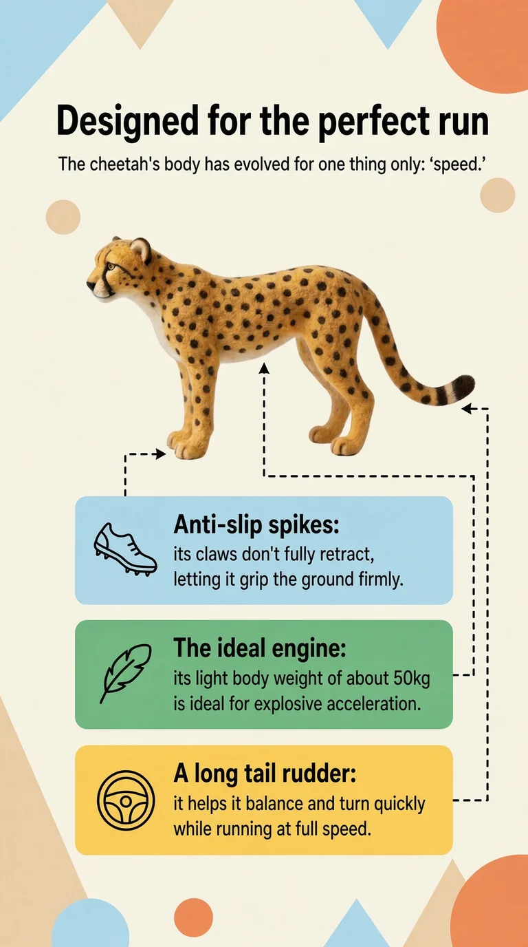 Designed for the perfect run — The cheetah's body has evolved for one thing only: 'speed.' — Anti-slip spikes / The ideal engine / A long tail rudder