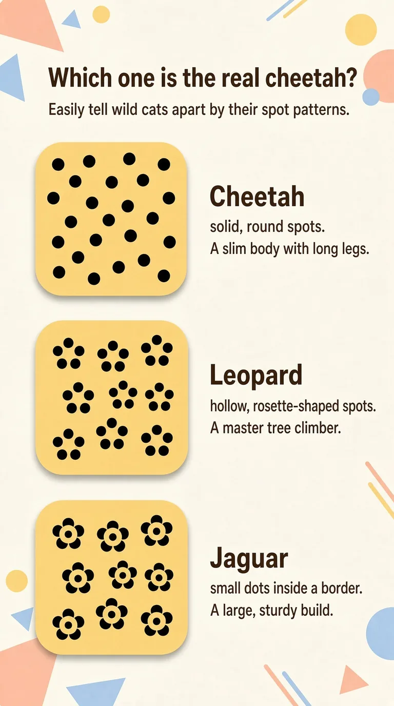 Which one is the real cheetah? — Easily tell wild cats apart by their spot patterns. — Cheetah / Leopard / Jaguar