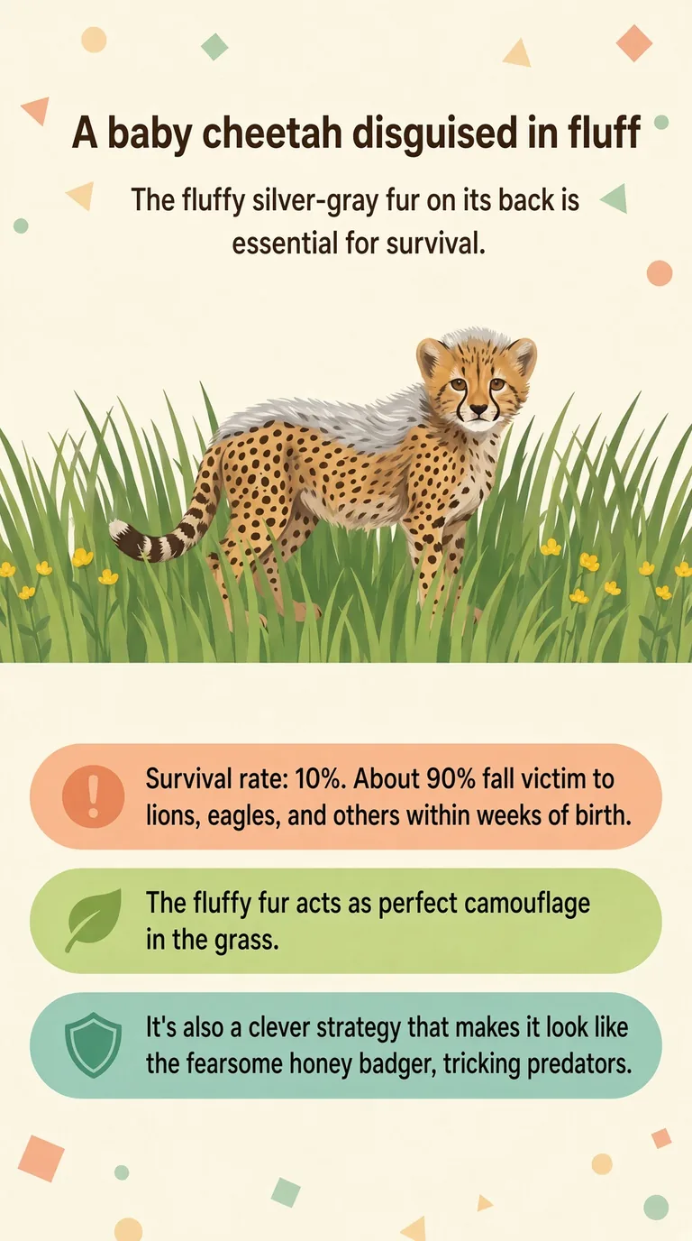 A baby cheetah disguised in fluff — The fluffy silver-gray fur on its back is essential for survival. — Survival rate