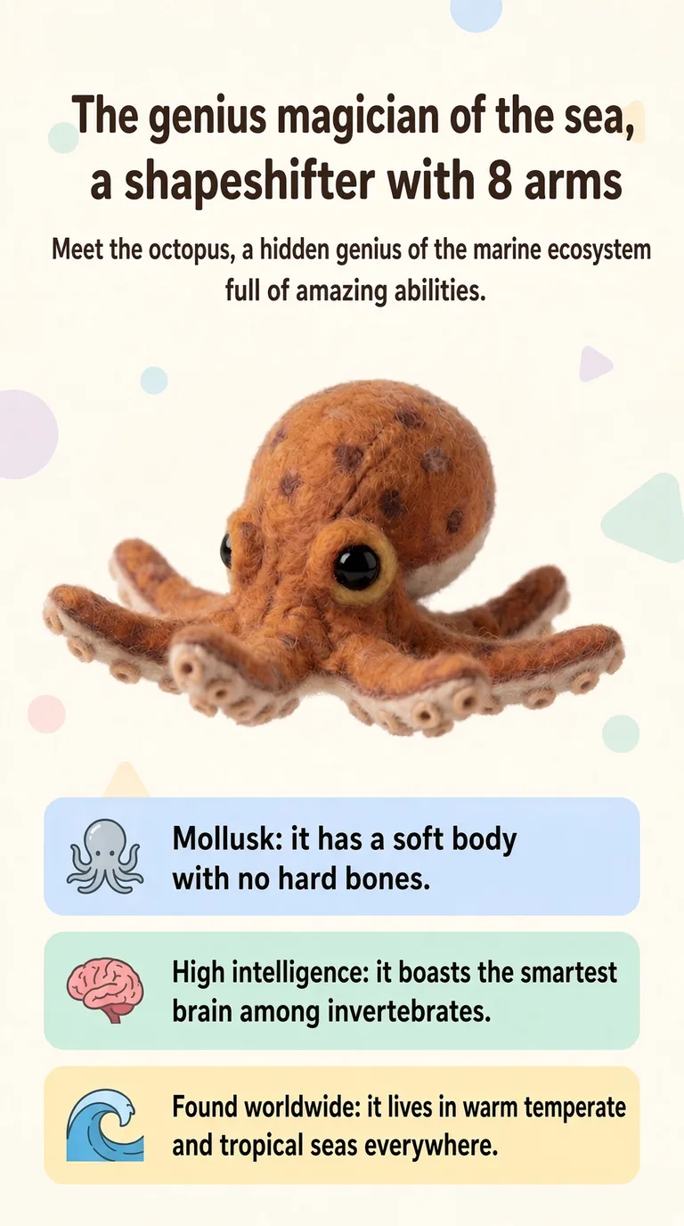The genius magician of the sea, a shapeshifter with 8 arms — Meet the octopus, a hidden genius of the marine ecosystem full of amazing abilities. — Mollusk / High intelligence / Found worldwide