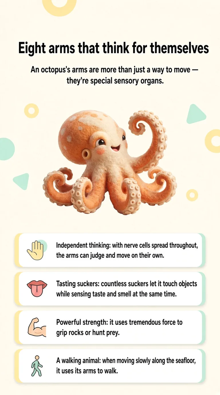 Eight arms that think for themselves — An octopus's arms are more than just a way to move — they're special sensory organs. — Independent thinking / Tasting suckers / Powerful strength / A walking animal