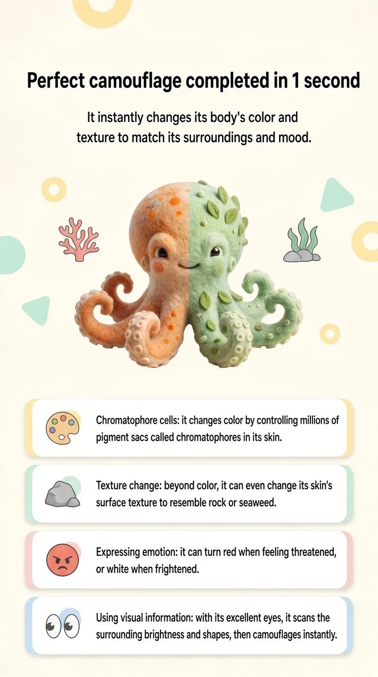 Perfect camouflage completed in 1 second — It instantly changes its body's color and texture to match its surroundings and mood. — Chromatophore cells