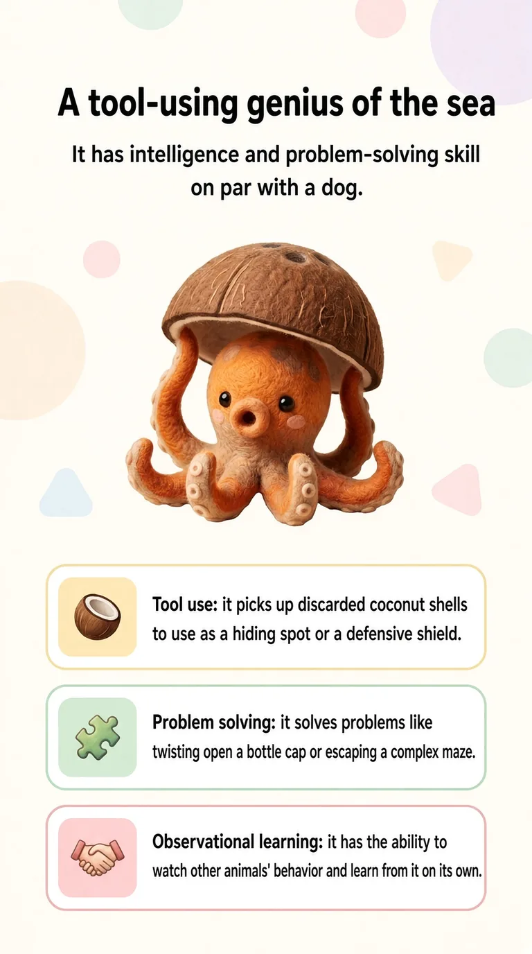 A tool-using genius of the sea — It has intelligence and problem-solving skill on par with a dog. — Tool use / Problem solving / Observational learning