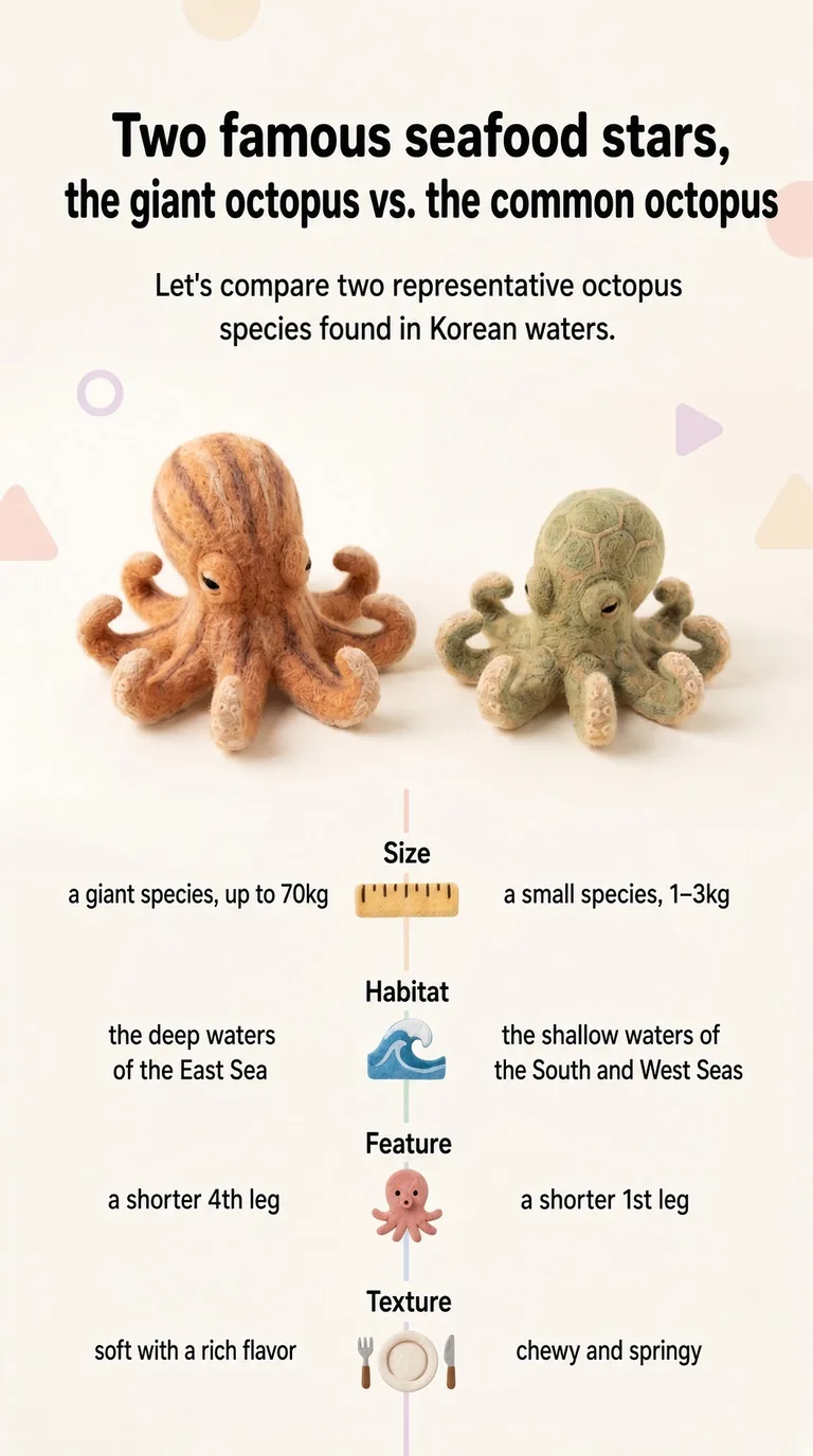 Two famous seafood stars, the giant octopus vs. the common octopus — Let's compare two representative octopus species found in Korean waters. — Giant octopus / Common octopus