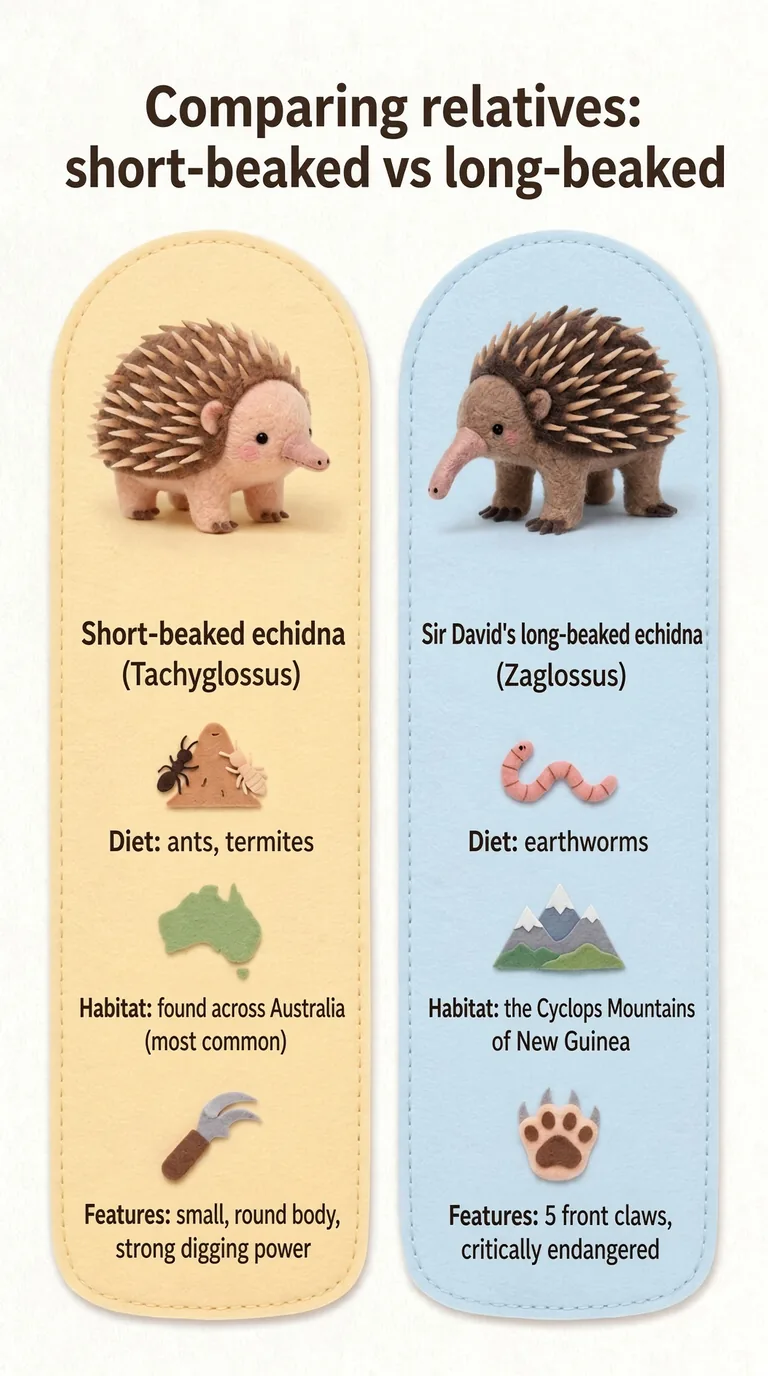 Comparing relatives: short-beaked vs long-beaked — Short-beaked echidna (Tachyglossus) / Sir David's long-beaked echidna (Zaglossus)