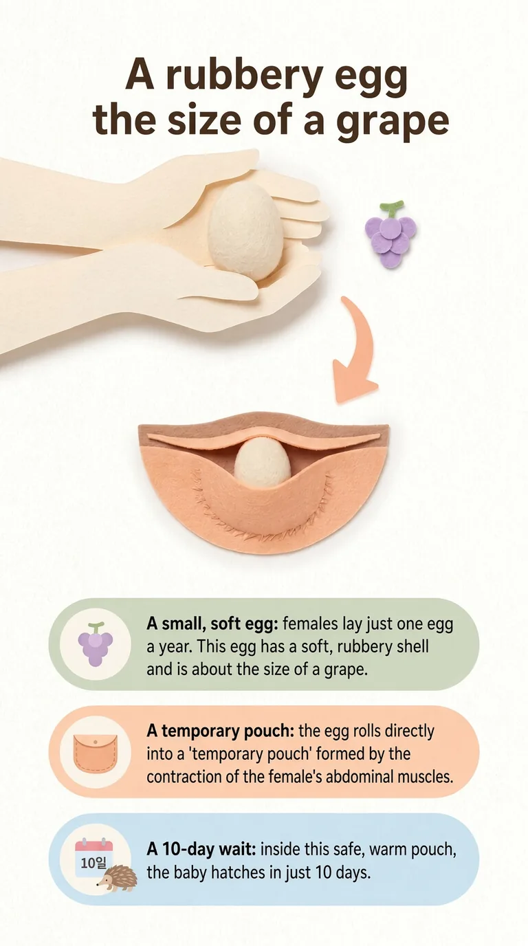 A rubbery egg the size of a grape — A small, soft egg / A temporary pouch / A 10-day wait