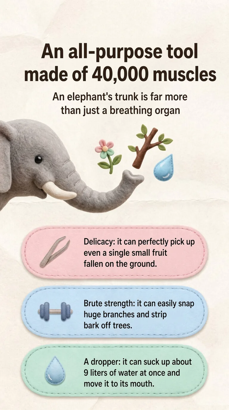 An all-purpose tool made of 40,000 muscles — An elephant's trunk is far more than just a breathing organ — Delicacy / Brute strength / A dropper