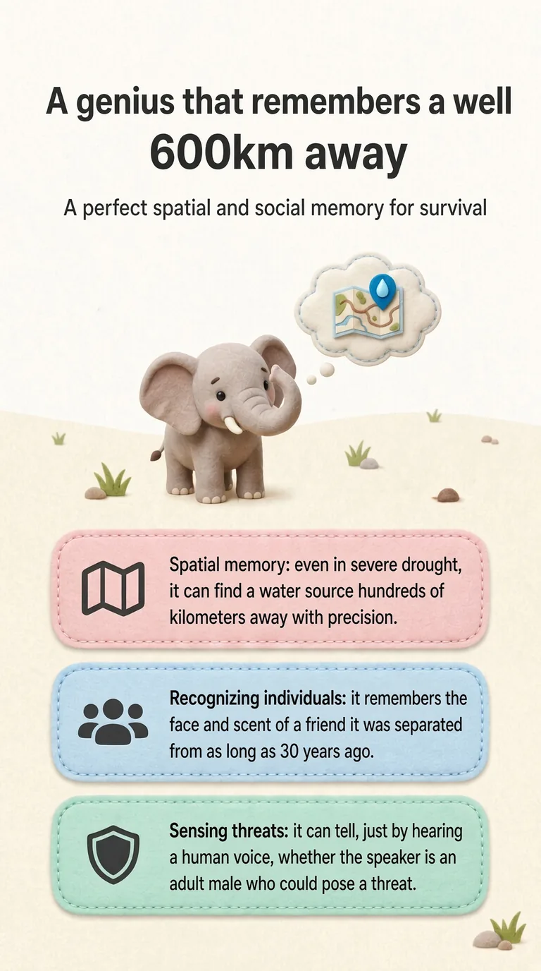 A genius that remembers a well 600km away — A perfect spatial and social memory for survival — Spatial memory / Recognizing individuals / Sensing threats