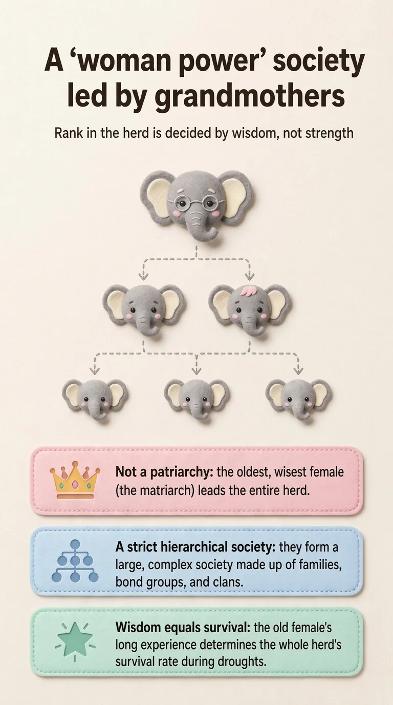 A 'woman power' society led by grandmothers — Rank in the herd is decided by wisdom, not strength — Not a patriarchy / A strict hierarchical society / Wisdom equals survival