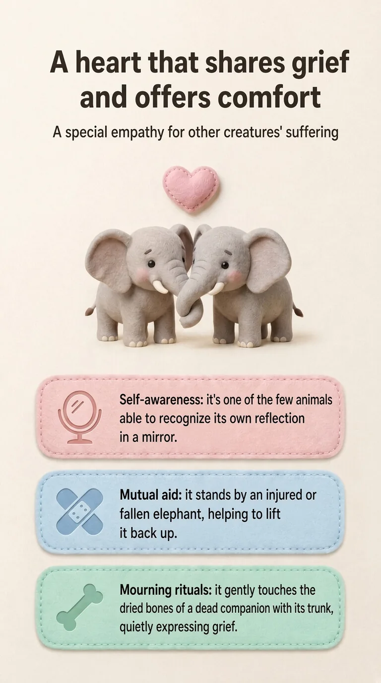 A heart that shares grief and offers comfort — A special empathy for other creatures' suffering — Self-awareness / Mutual aid / Mourning rituals