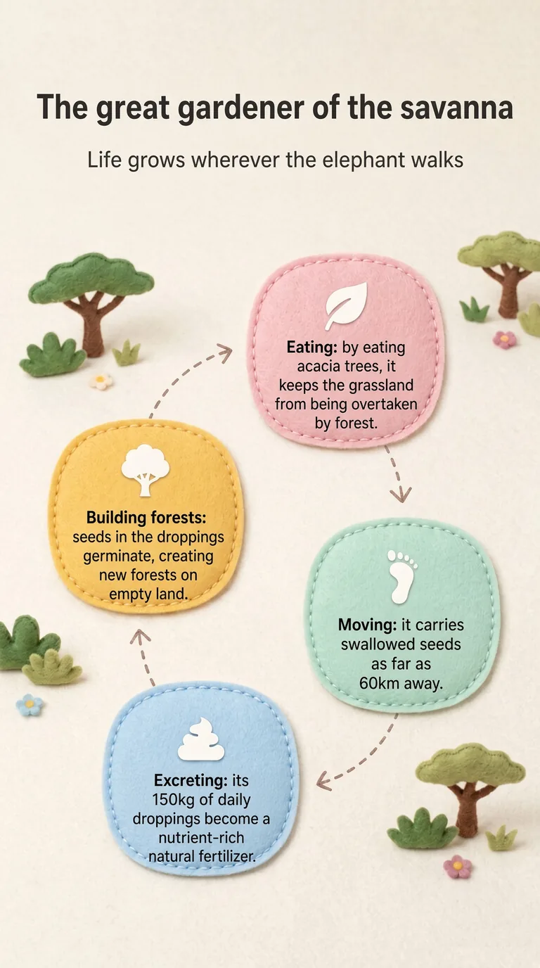 The great gardener of the savanna — Life grows wherever the elephant walks — Eating / Moving / Excreting / Building forests