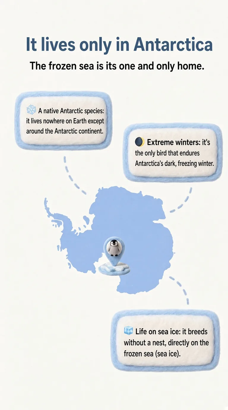 It lives only in Antarctica — The frozen sea is its one and only home. — A native Antarctic species / Extreme winters / Life on sea ice