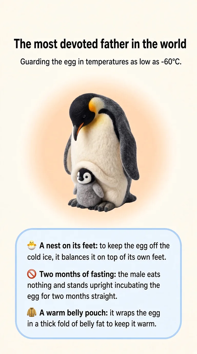 The most devoted father in the world — Guarding the egg in temperatures as low as -60°C. — A nest on its feet / Two months of fasting / A warm belly pouch
