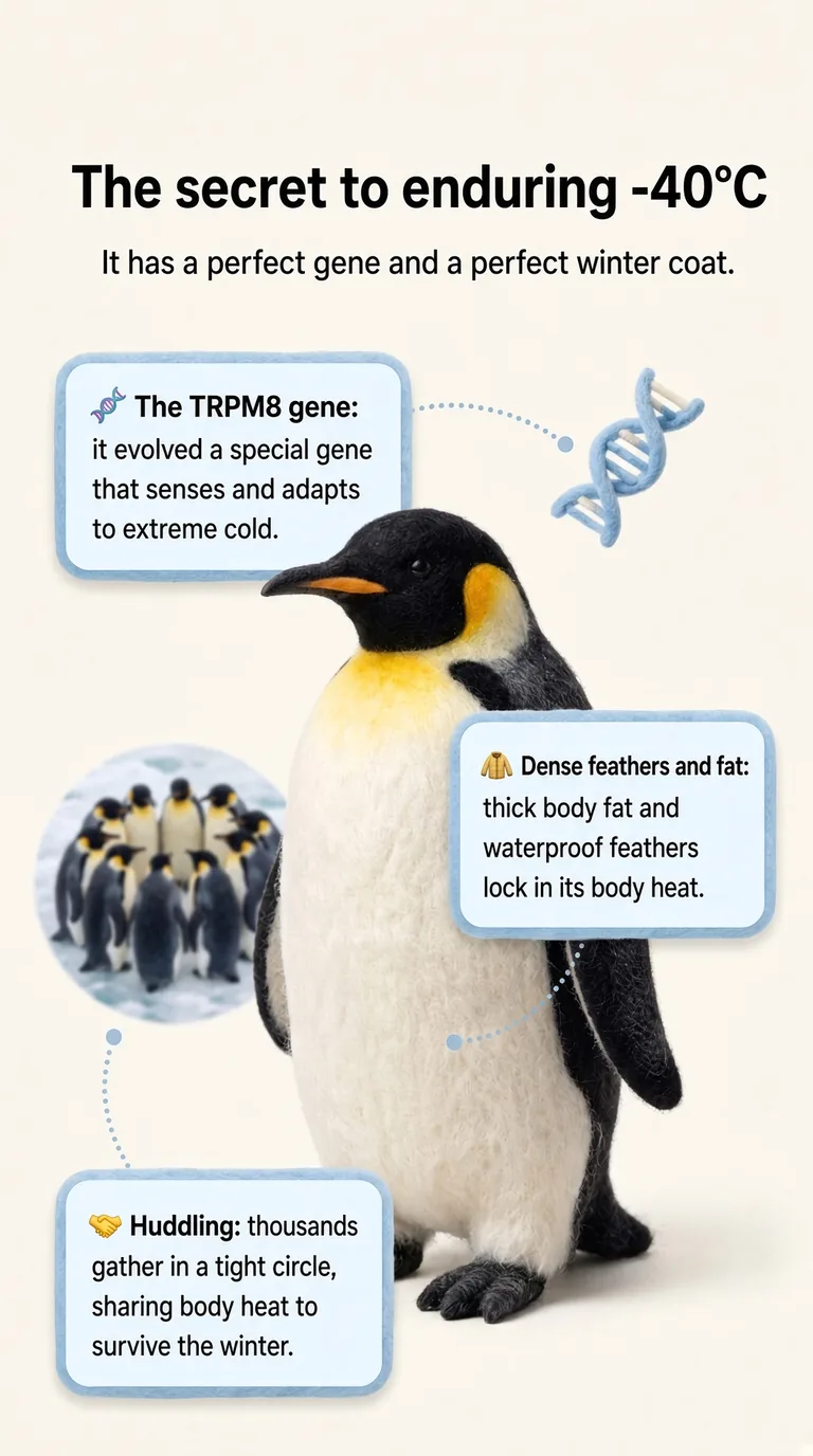 The secret to enduring -40°C — It has a perfect gene and a perfect winter coat. — The TRPM8 gene / Dense feathers and fat / Huddling