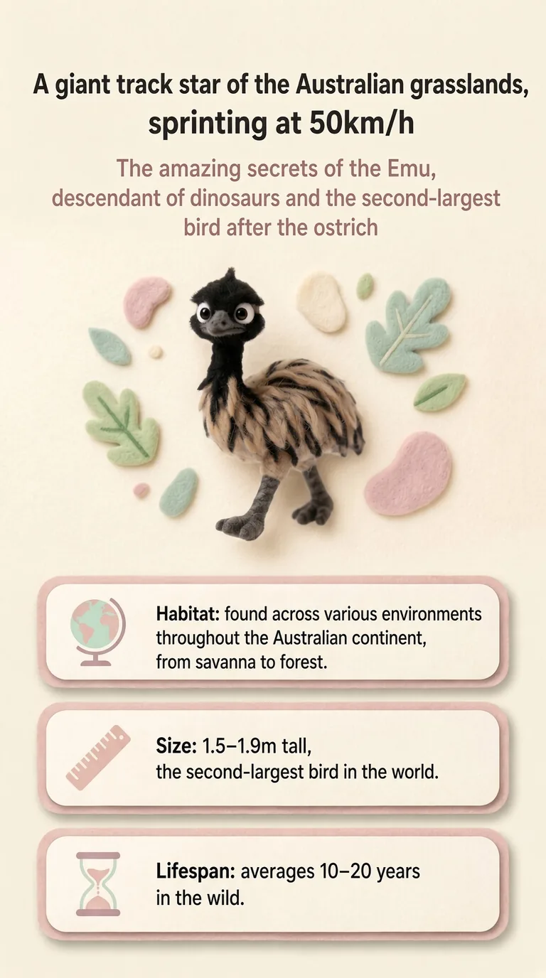 A giant track star of the Australian grasslands, sprinting at 50km/h — The amazing secrets of the Emu, descendant of dinosaurs and the second-largest bird after the ostrich — Habitat / Size / Lifespan