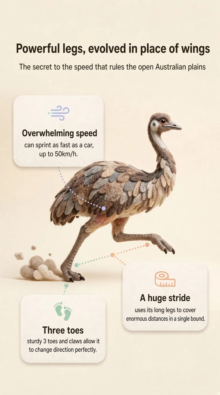 Powerful legs, evolved in place of wings — The secret to the speed that rules the open Australian plains — Overwhelming speed / A huge stride / Three toes