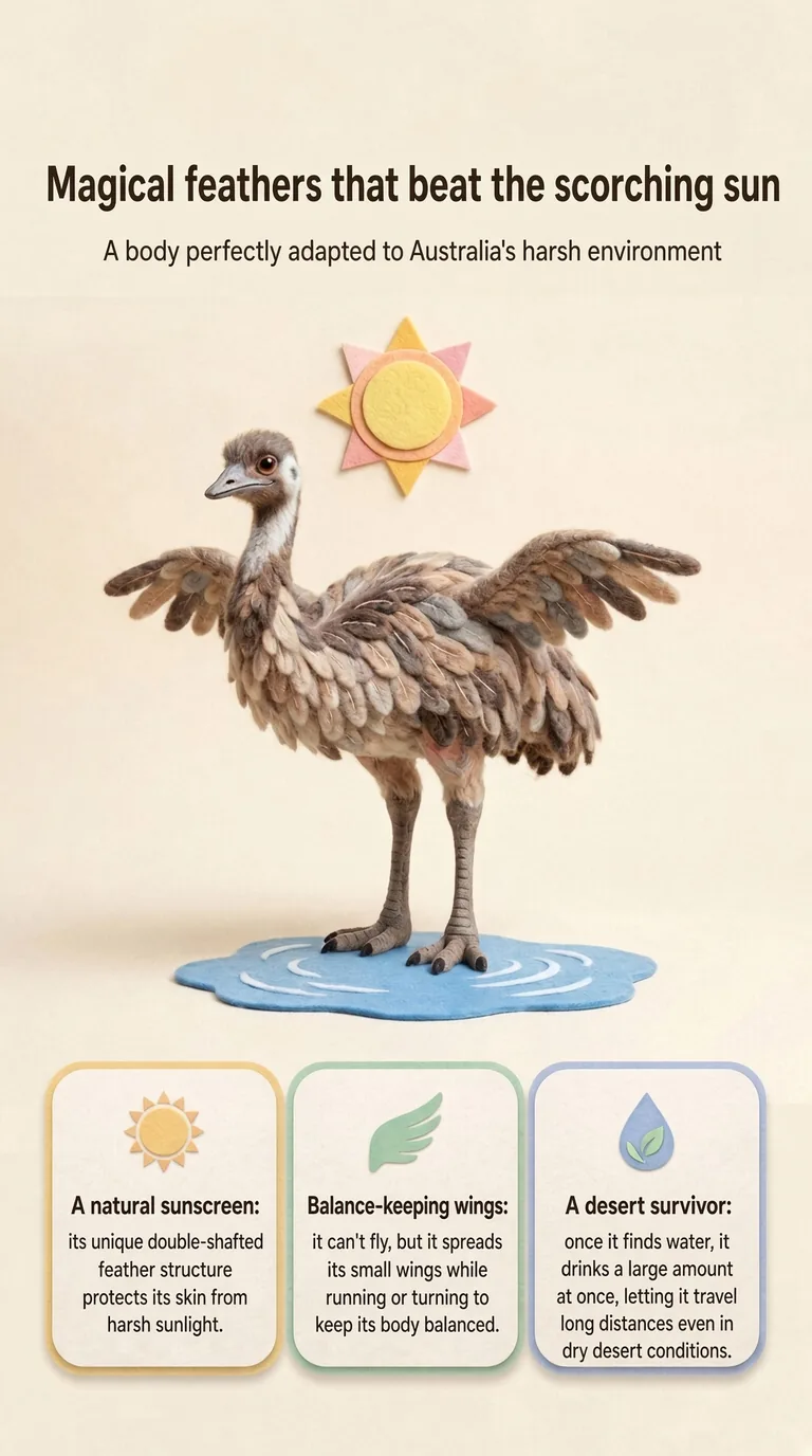 Magical feathers that beat the scorching sun — A body perfectly adapted to Australia's harsh environment — A natural sunscreen / Balance-keeping wings / A desert survivor