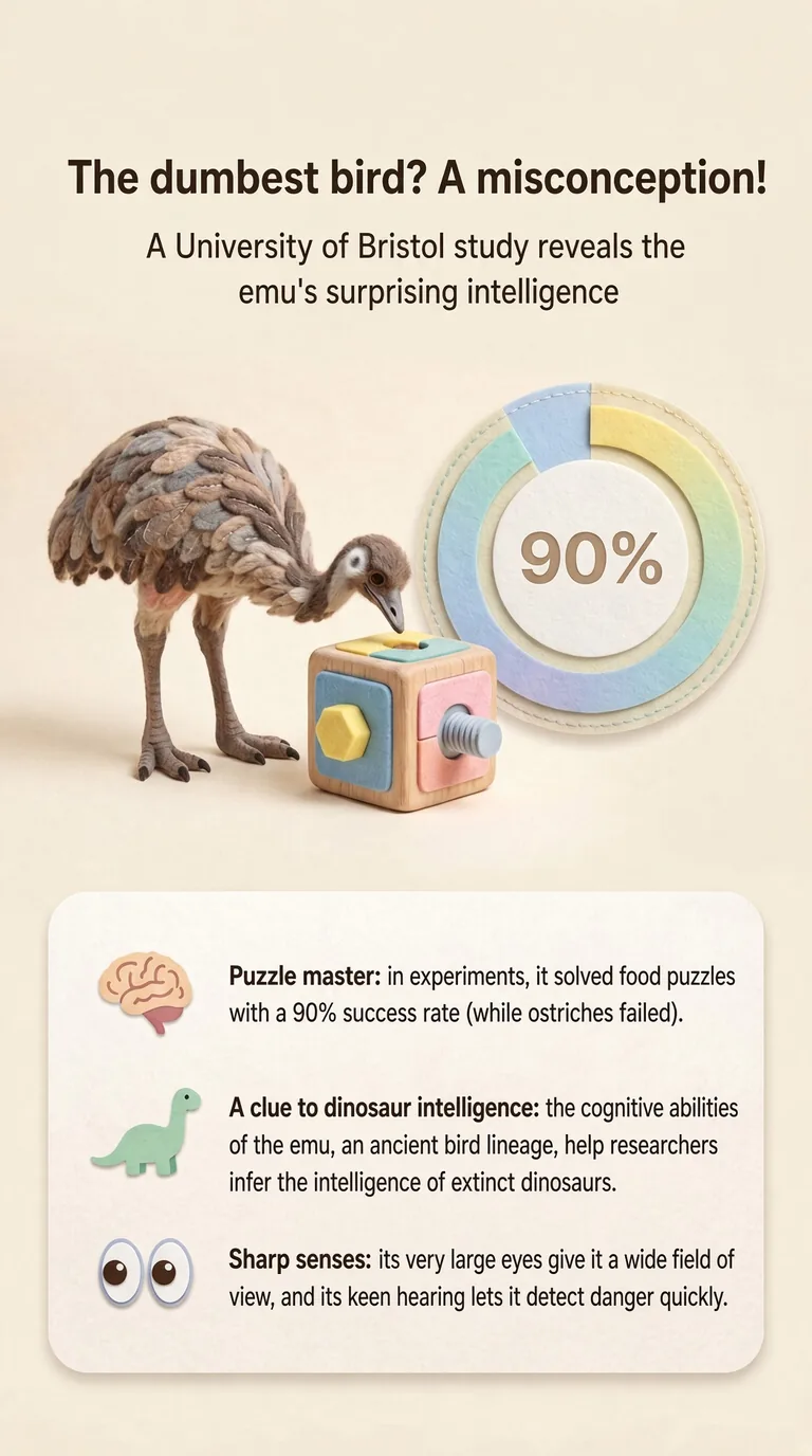 The dumbest bird? A misconception! — A University of Bristol study reveals the emu's surprising intelligence — Puzzle master / A clue to dinosaur intelligence / Sharp senses
