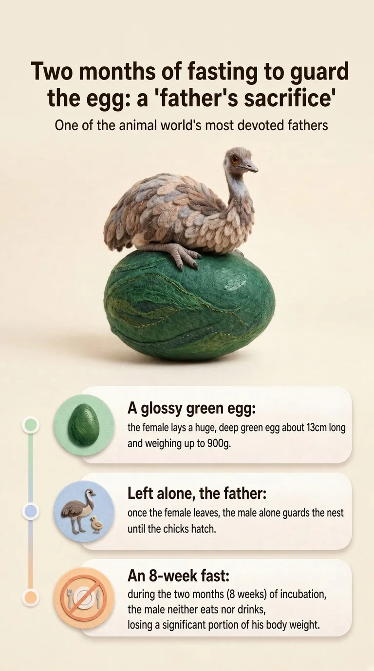 Two months of fasting to guard the egg: a 'father's sacrifice' — One of the animal world's most devoted fathers — A glossy green egg / Left alone, the father / An 8-week fast
