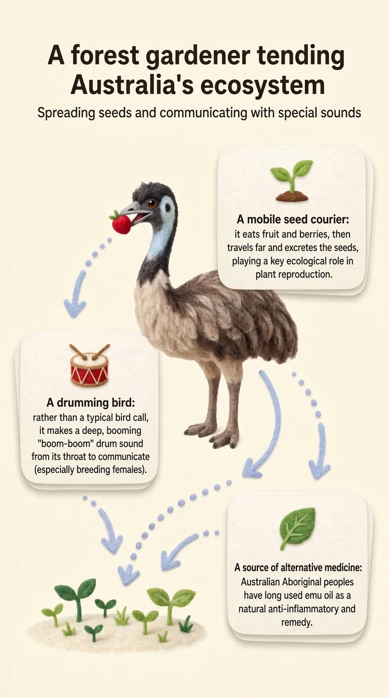 A forest gardener tending Australia's ecosystem — Spreading seeds and communicating with special sounds — A mobile seed courier / A drumming bird / A source of alternative medicine