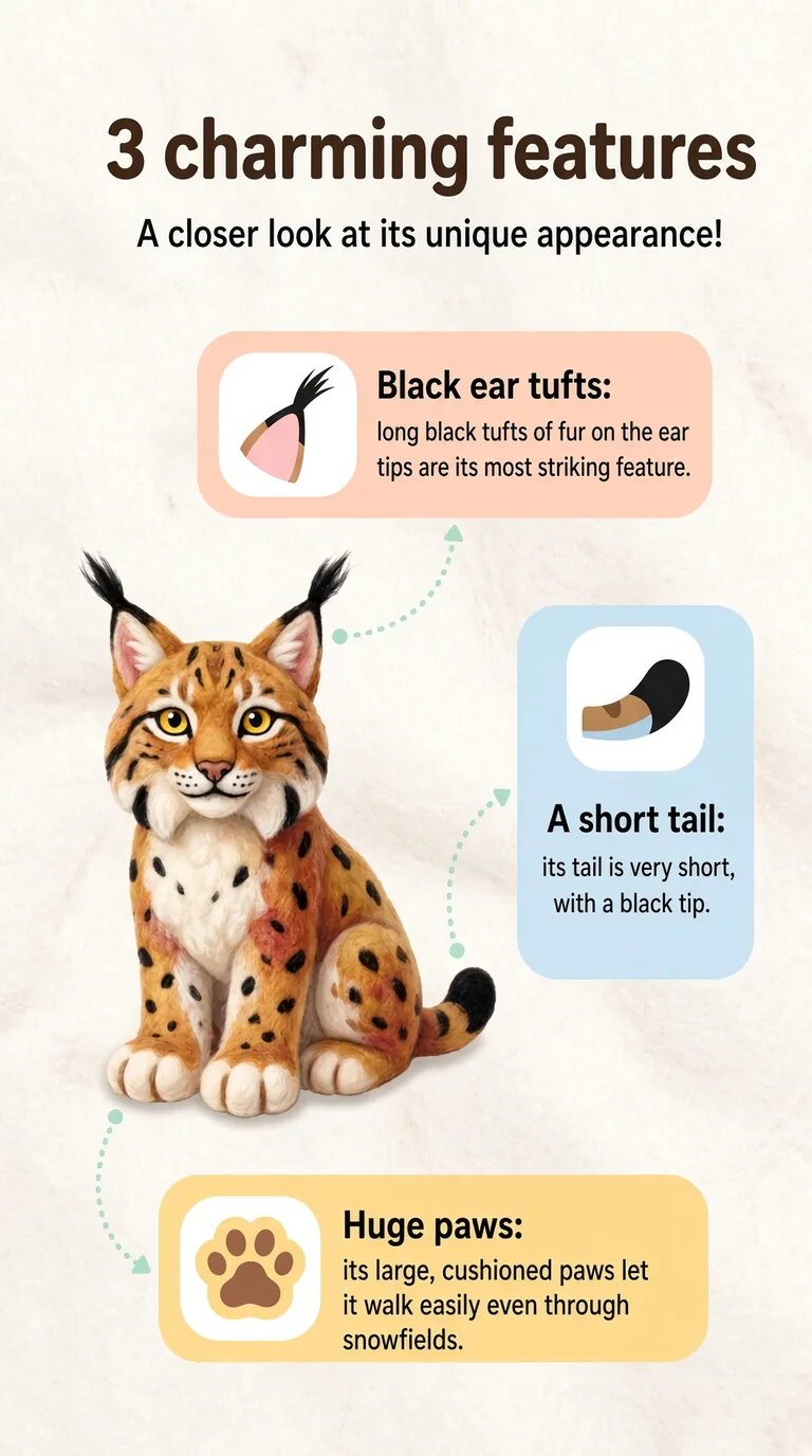 3 charming features — A closer look at its unique appearance! — Black ear tufts / A short tail / Huge paws