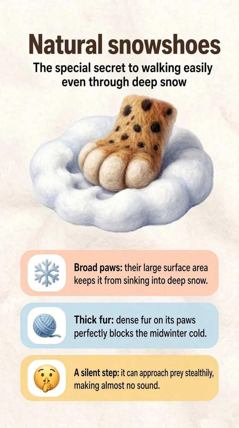 Natural snowshoes — The special secret to walking easily even through deep snow — Broad paws / Thick fur / A silent step