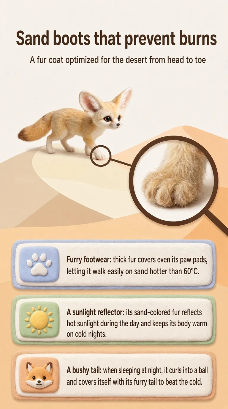 Sand boots that prevent burns — A fur coat optimized for the desert from head to toe — Furry footwear / A sunlight reflector / A bushy tail