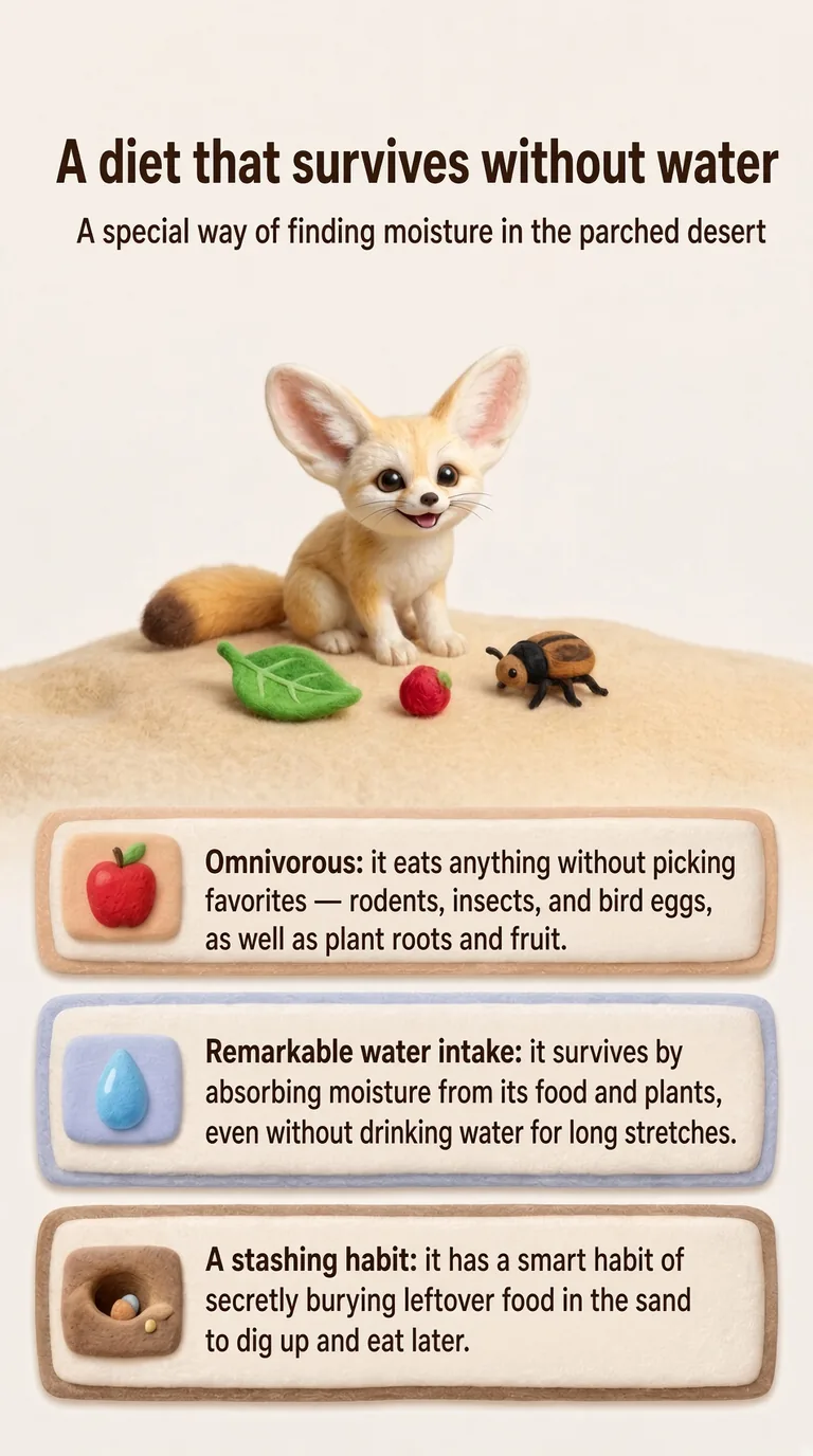 A diet that survives without water — A special way of finding moisture in the parched desert — Omnivorous / Remarkable water intake / A stashing habit