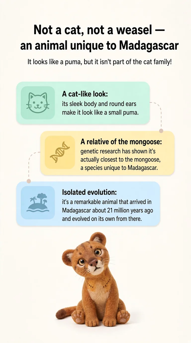 Not a cat, not a weasel — an animal unique to Madagascar — It looks like a puma, but it isn't part of the cat family! — A cat-like look / A relative of the mongoose / Isolated evolution