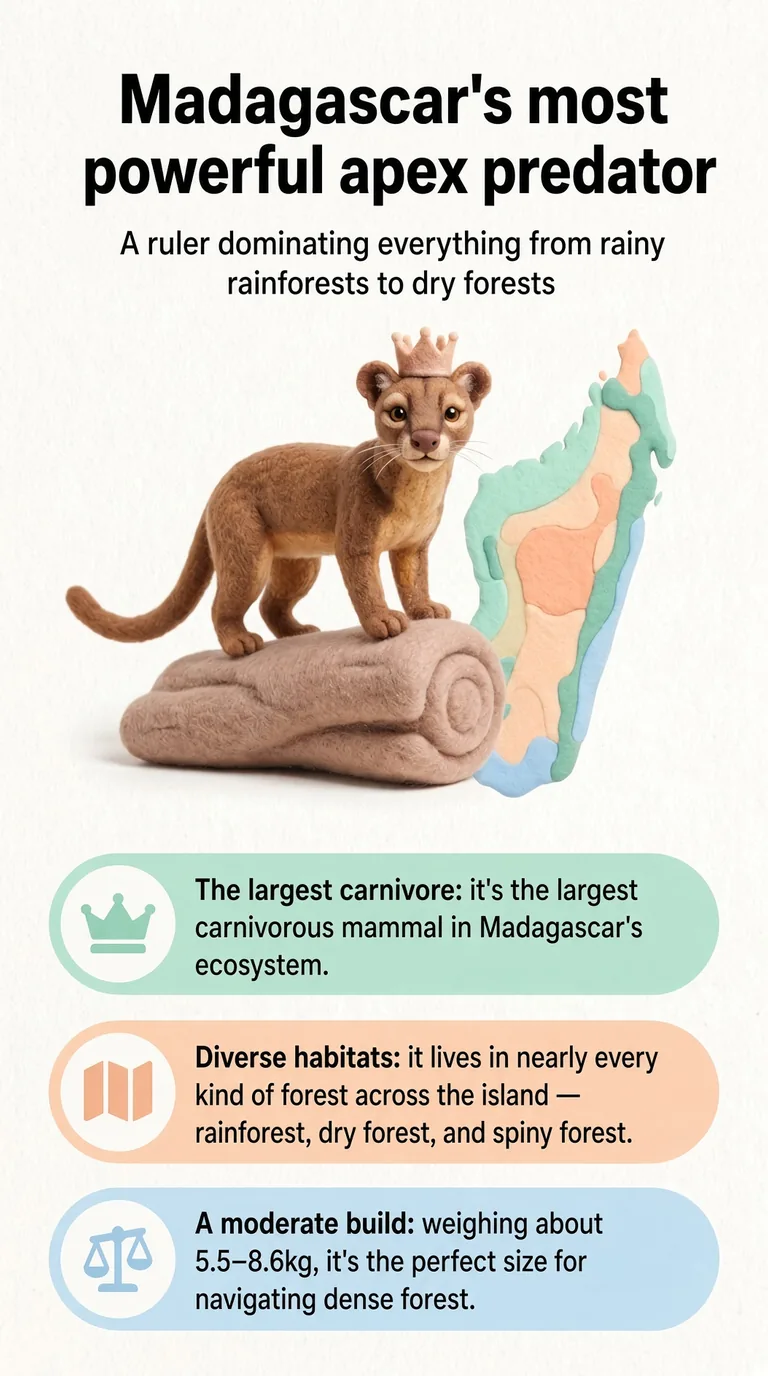 Madagascar's most powerful apex predator — A ruler dominating everything from rainy rainforests to dry forests — The largest carnivore / Diverse habitats / A moderate build