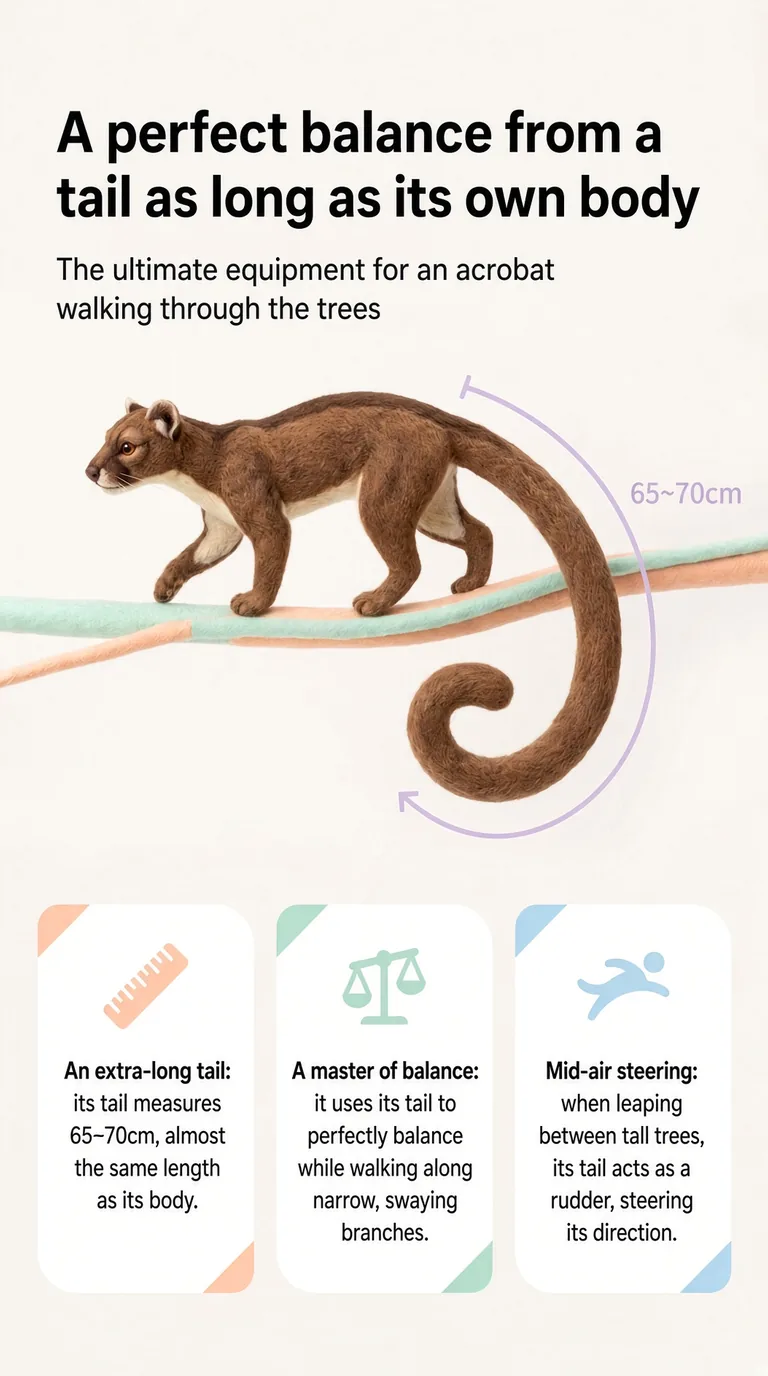 A perfect balance from a tail as long as its own body — The ultimate equipment for an acrobat walking through the trees — An extra-long tail / A master of balance / Mid-air steering