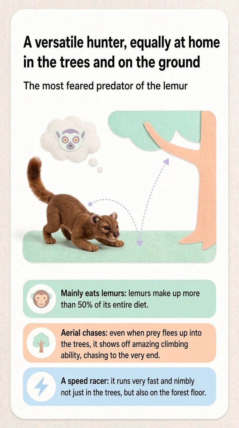 A versatile hunter, equally at home in the trees and on the ground — The most feared predator of the lemur — Mainly eats lemurs / Aerial chases / A speed racer