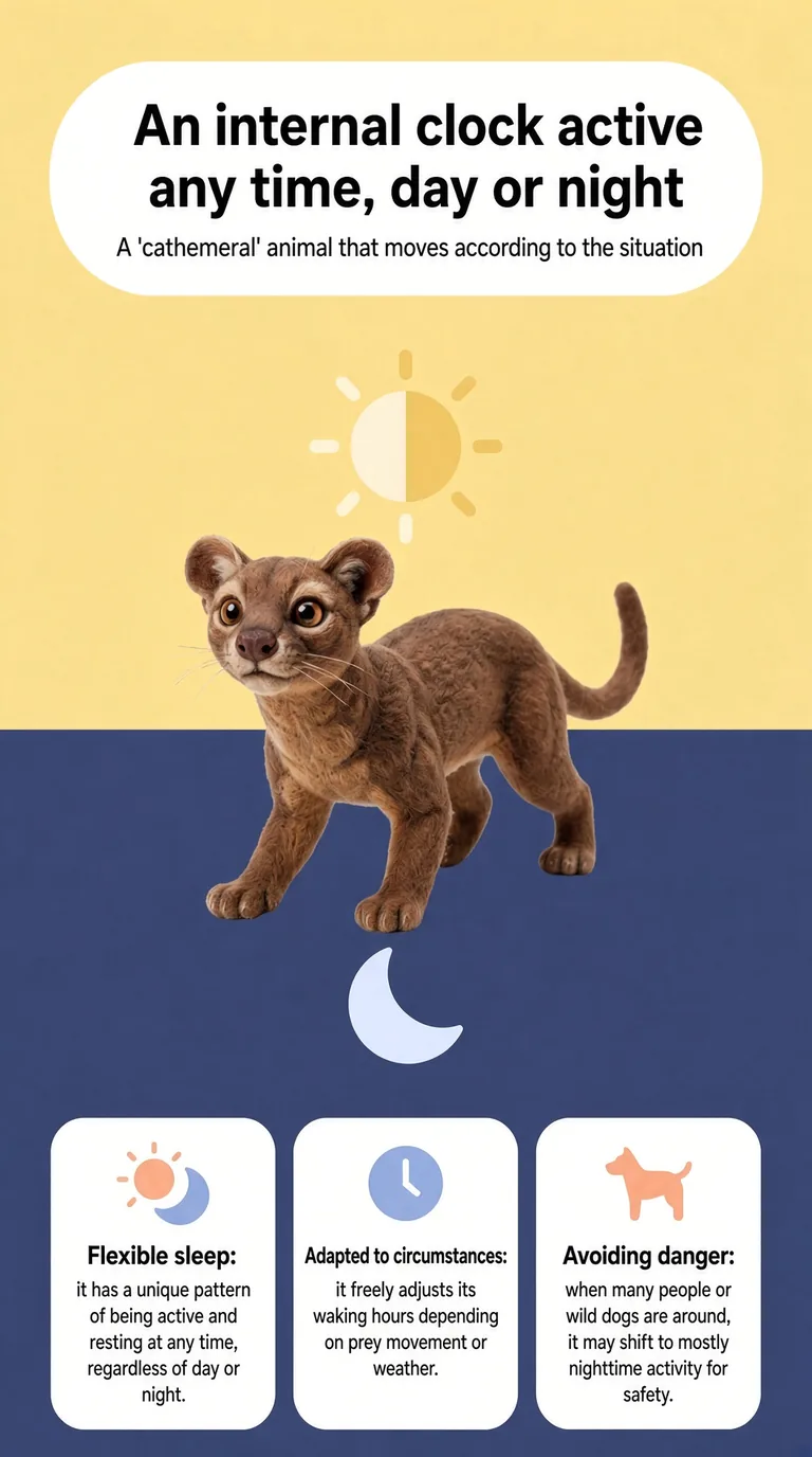 An internal clock active any time, day or night — A "cathemeral" animal that moves according to the situation — Flexible sleep / Adapted to circumstances / Avoiding danger