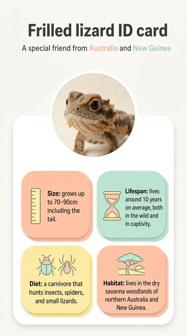 Frilled lizard ID card — A special friend from Australia and New Guinea — Size / Lifespan / Diet / Habitat
