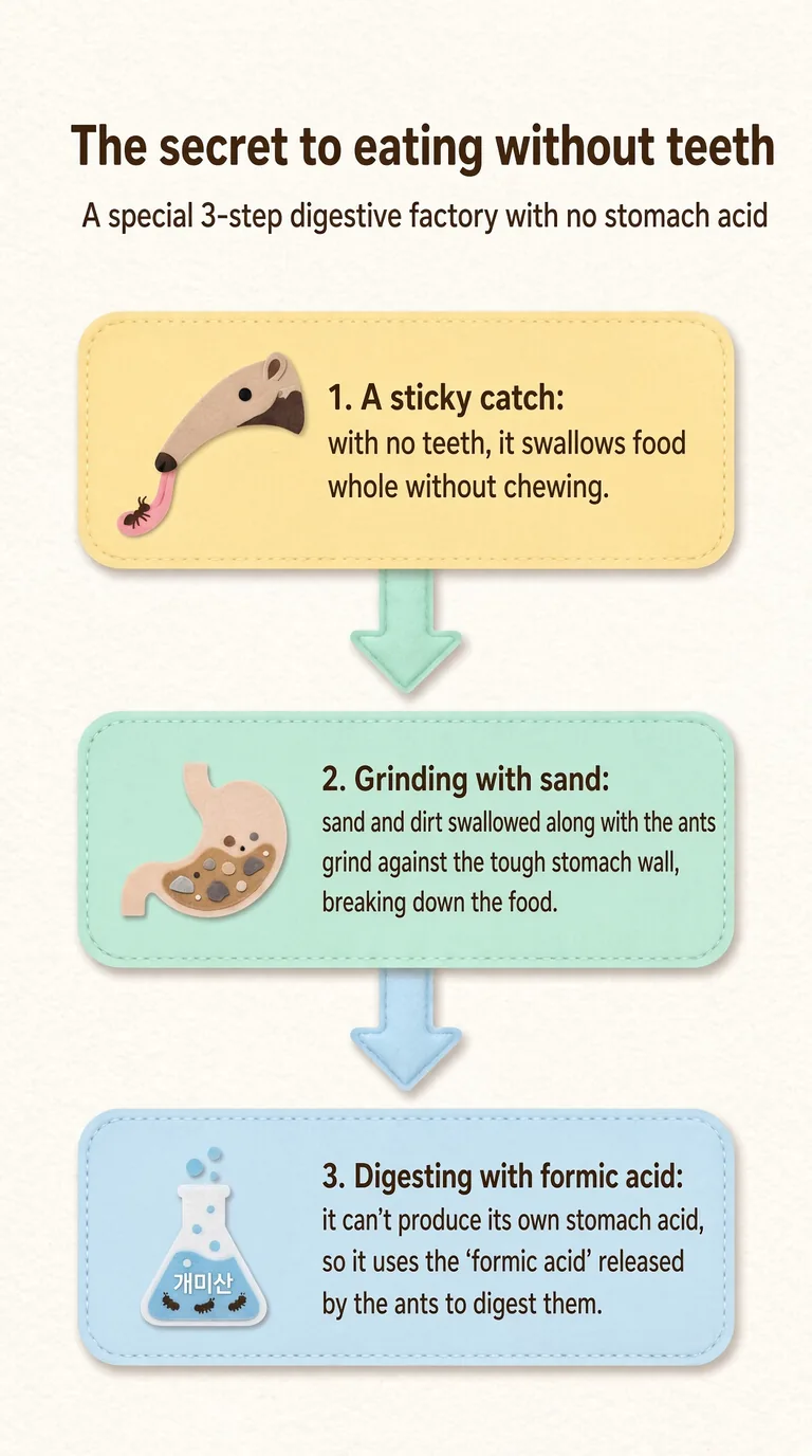 The secret to eating without teeth — A special 3-step digestive factory with no stomach acid — A sticky catch / Grinding with sand / Digesting with formic acid