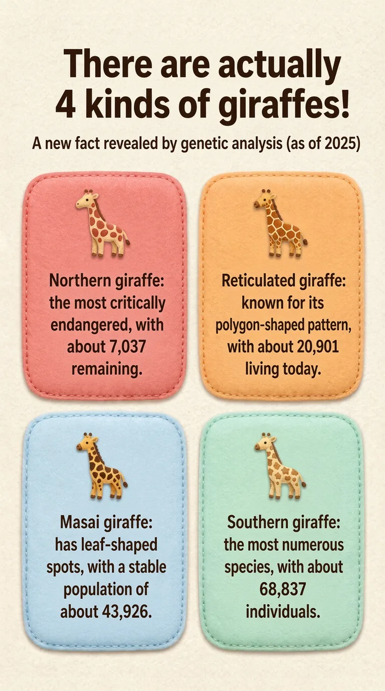 There are actually 4 kinds of giraffes! — A new fact revealed by genetic analysis (as of 2025) — Northern giraffe / Reticulated giraffe / Masai giraffe / Southern giraffe