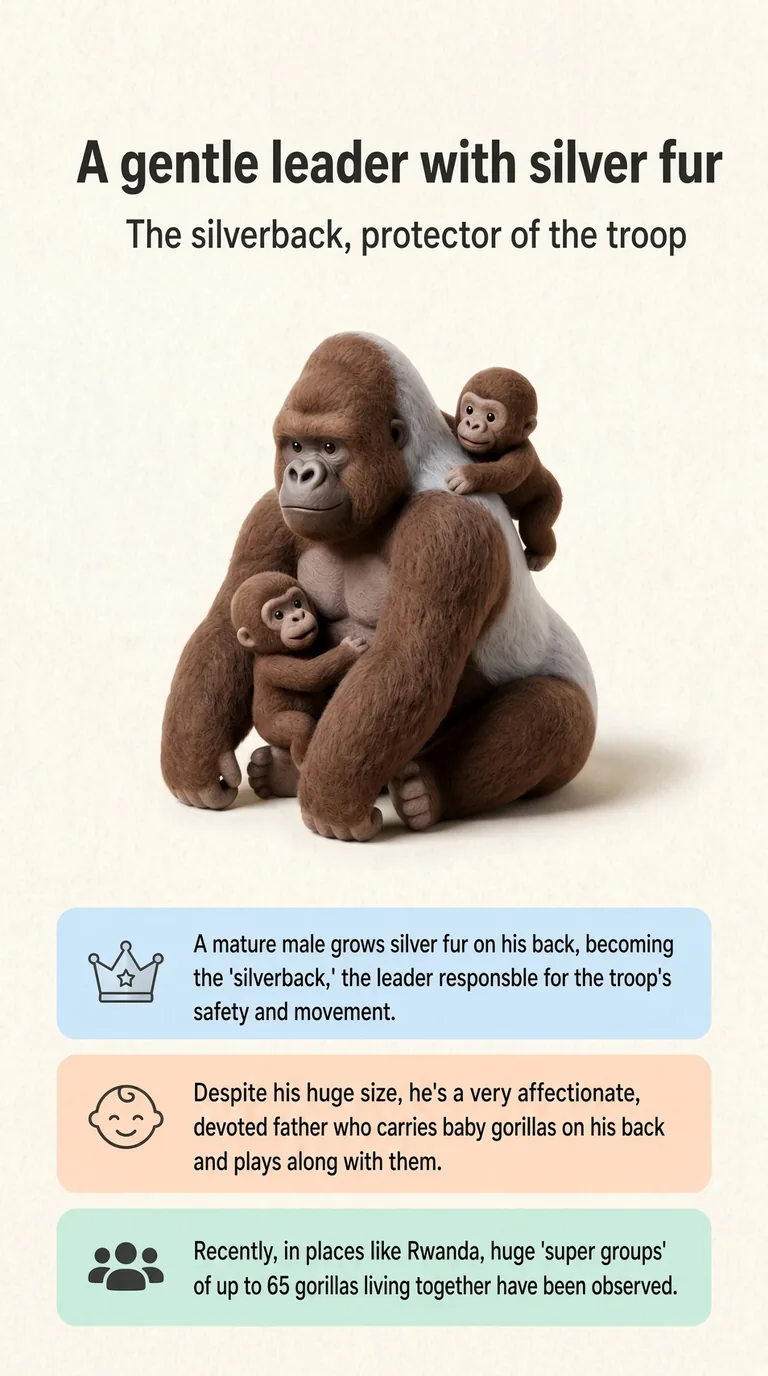 A gentle leader with silver fur — The silverback, protector of the troop